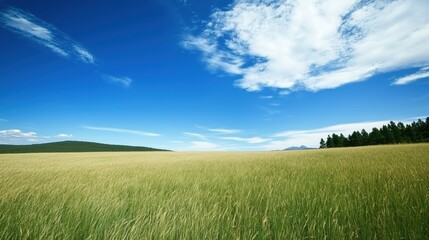 Rural landscape with wheat field, blue sky