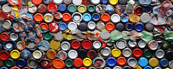 Colorful collection of bottle caps arranged in a creative display at a recycling event showcasing community efforts in sustainability