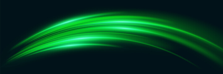 Green glowing speed lines. Light trail and vortex effect.