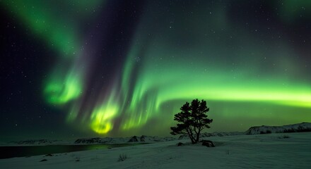 Beautiful aurora borealis northern lights in night sky over snowy landscape