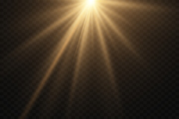 Explosion of the sun shining golden rays. Glare effect, lines, sparkle, explosion. Vector illustration.