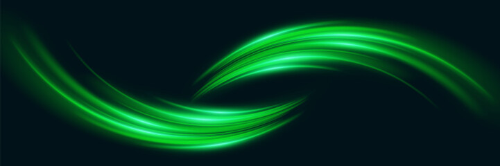 Green glowing speed lines. Light trail and vortex effect.
