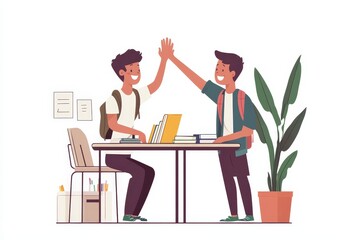 Teacher giving high five to schoolboy, achievement, success and mentorship for learning. Students with goals, knowledge and books with celebration at school