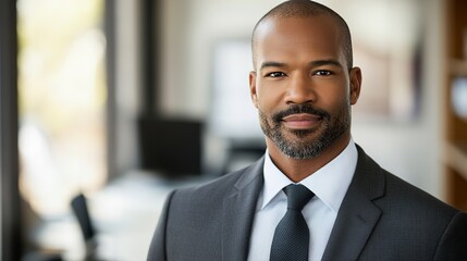 Confident African American businessman in suit, soft light, blurred office background, exuding professionalism and determination.

