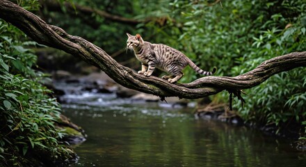 Fototapeta premium Photograph a Cymric Cat Perched on a Thick, Gnarled Vine Suspended Above a Jungle Stream, Its Compact, Tailless Form Balanced Effortlessly_