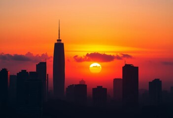 Obraz premium Silhouetted skyscrapers pierce a crimson-orange, mist-shrouded sunset, industrial, clouds