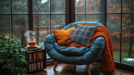 Cozy reading nook with a soft armchair, warm blanket, and steaming tea by a large window on a rainy day