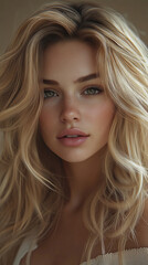 Fototapeta premium Close-up of blonde wavy hair and a woman's face, showcasing soft skin and green eyes, representing beauty and natural elegance