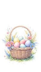 Easter basket filled with colored eggs and flowers in pastel colors  