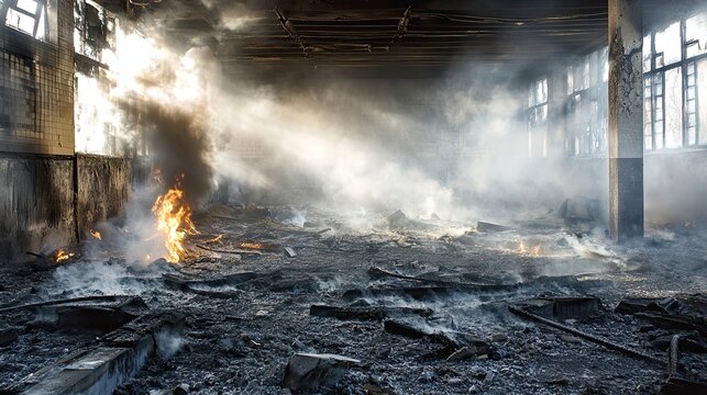 Interior of a burned down industrial building still smoldering with smoke and flames