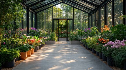Obraz premium Greenhouse walkway lined with colorful plants, sunlight streams through glass