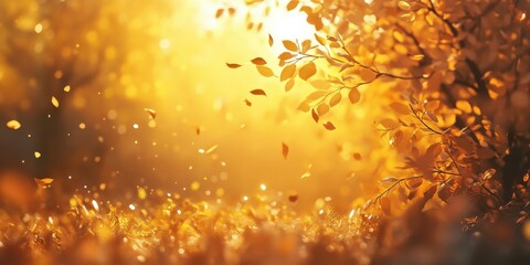 Naklejka premium Golden Autumn Glow: Autumn leaves falling gracefully amidst a soft-focus golden sunlight creating an ethereal and dreamlike atmosphere. The warm.