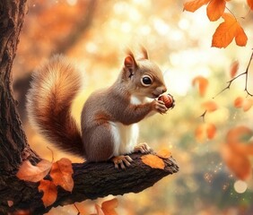 Obraz premium Adorable Squirrel Eating a Nut in Autumnal Forest