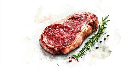 Obraz premium Watercolor painting of fresh red meat with rosemary and peppercorns