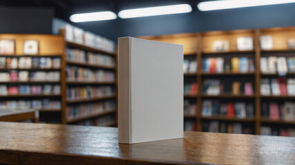 Copy space of a book with blank white cover on the wooden table under blurred college bookstore background for mock up, 3D model & rendering