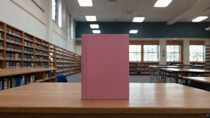 Copy space of a book with blank pink cover on the table under blurred library background for mock up, 3D model & rendering