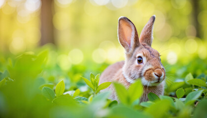 Obraz premium Rabbit curiously peeking through green forest underbrush, spring exploration