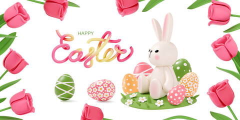Happy Easter banner with white bunny figure on grass, colorful eggs and spring flowers tulips. 3D vector illustration for greeting card, poster, flyer, invitation, web and background design