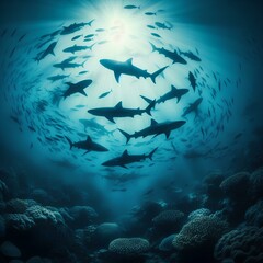 A school of shadows – several grey reef sharks circle a coral reef. The deep blue of the ocean, the blurred rays of the sun, a mysterious and hypnotic scene of the underwater world.