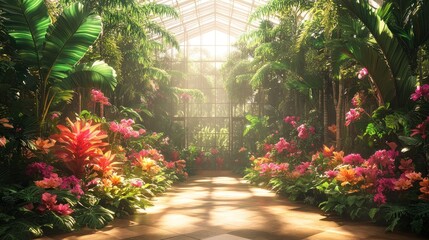 Obraz premium Sunlit greenhouse walkway, vibrant flowers, tropical plants