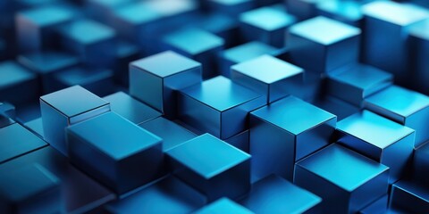 Obraz premium Blue Cubes Abstraction: Captivating 3D rendering of geometric blue cubes arranged in a multi-layered pattern, evoking a sense of modern tech and complexity.