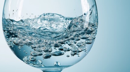 Close-up of a wine glass filled with water. the glass is transparent and the water is splashing around it, creating a wave-like effect.