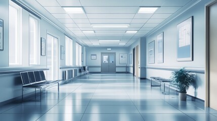 Obraz premium Empty hospital corridor with waiting room chairs and natural light