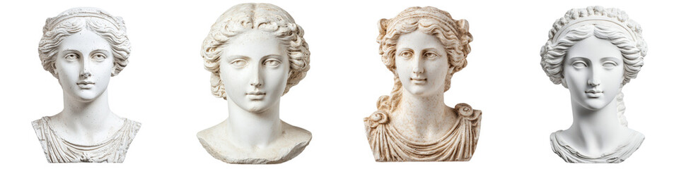 A collection of classical sculptures depicting female figures in ornate decorative styles typical of ancient Greek and Roman art and architecture
