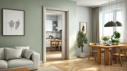 Fototapeta premium Modern Scandinavian Interior Design Living Room and Kitchen