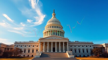 Naklejka premium The Us Capitol Under A Promising Economic Sky, Its Majestic Dome Reaching Towards A Vibrant, Upward Trending Market Graph Painted Across A Brilliant Blue Sky
