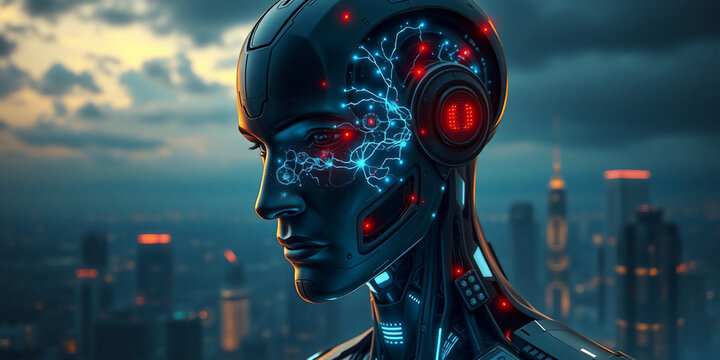 cyborg man in a futuristic city connected to a neural network, science fiction character