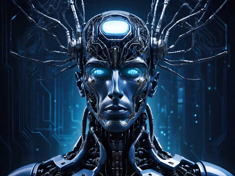 cyborg man in a futuristic city connected to a neural network, science fiction character