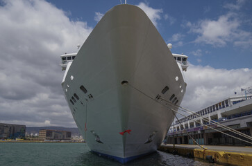 Classic cruiseship or cruise ship liner Neo Riviera in Piraeus Athens, Greece port on sunny day...
