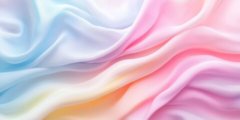 Fototapeta premium Pastel Dreamscape: A close-up of flowing, colorful silk or satin fabric, with soft gradients of pink, blue, yellow, and hints of orange, evoking a sense of serenity and luxury.