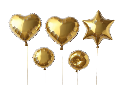 [Transparent Background PNG]Golden Foil Balloons in Various Shapes - Powered by Adobe