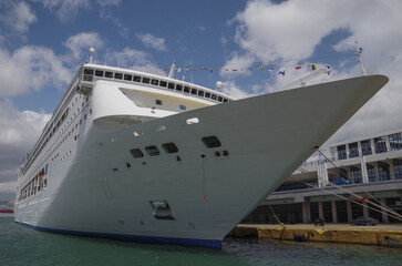 Classic cruiseship or cruise ship liner Neo Riviera in Piraeus Athens, Greece port on sunny day...