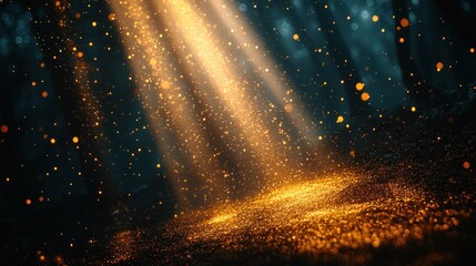 Golden light beams forest floor, magical mystical scene