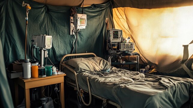 A ventilator in a warzone medical tent, supplying oxygen to a wounded soldier in critical condition