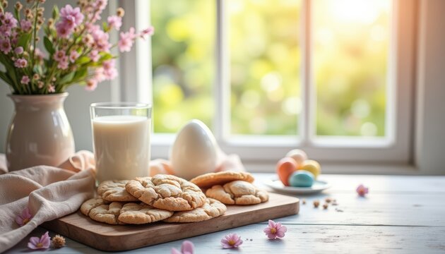 Easter cookies and milk on a table with flowers by the window  