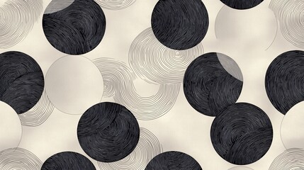 Seamless pattern of black and white circles on a light beige background. the circles are arranged in a repeating pattern, with some overlapping each other.