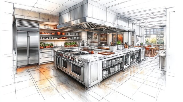Luxury kitchen design sketch, island, appliances, garden view, restaurant planning