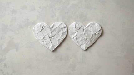 Obraz premium Two white paper hearts on a light grey textured background. the hearts are made of crumpled paper and have a textured surface, giving them a wrinkled appearance.