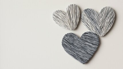 Three heart-shaped objects arranged in a diagonal line on a plain white background. the hearts are made up of thin, black lines that create a zigzag pattern.