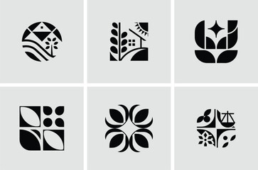 Set of black and white icons with leaves