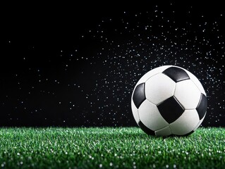 Fototapeta premium A soccer ball splashes water droplets as it rolls on lush green grass