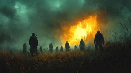 Fototapeta premium Silhouetted figures in a field, fire, and fog, apocalypse