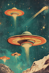 Retro space alien flying saucers zooming through outer space 1960s campy fun color tv show kids cartoon storybook vintage illustration style	