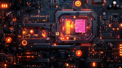 Abstract Neon Circuit Board Background with Glowing Elements and Complex Patterns
