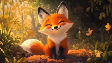 Obraz premium A cheerful fox smiles in a sunlit forest, surrounded by vibrant flowers and soft, dappled light