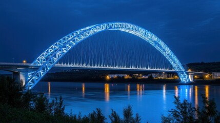 Obraz premium A large arched bridge illuminated with blue lights at night